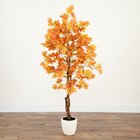 Nearly Natural Double Trunk Maple Artificial Potted Tree - 5' - Orange and Yellow