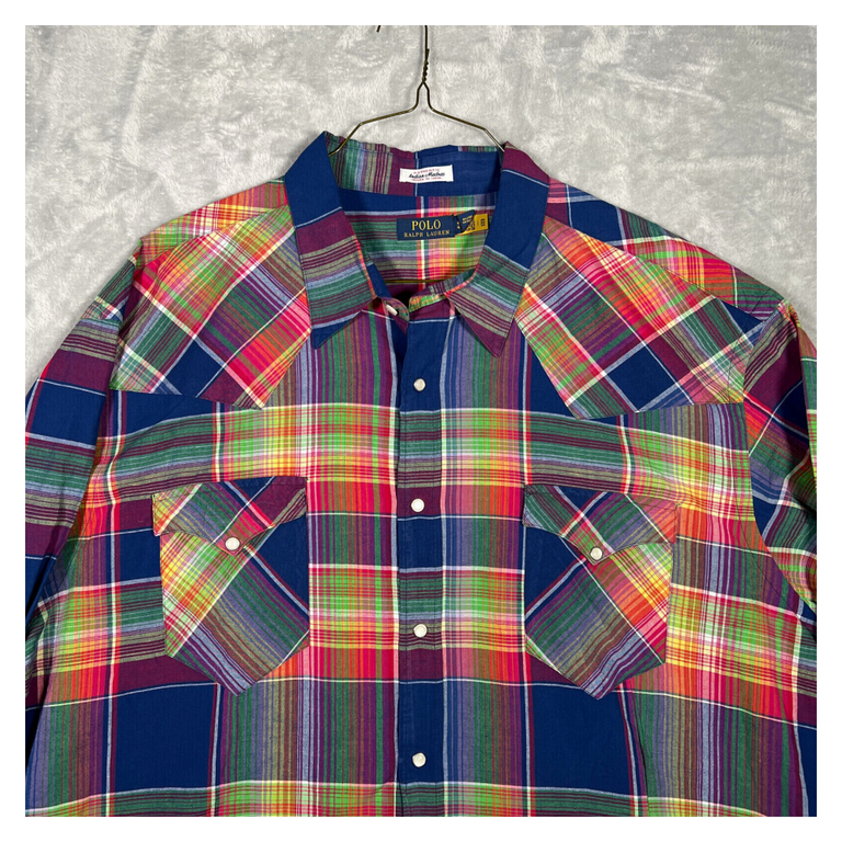 Ralph Lauren Shirt Mens Indian Madras Plaid Pearl Snap