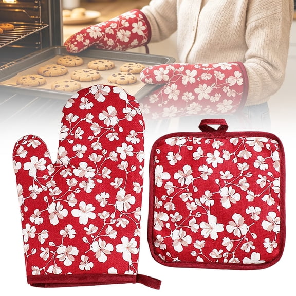 Floral Cotton Oven Mitt & Pot Holder Set, Heat-Resistant Kitchen Gloves, 9.84"×6.69",1Pair,Red