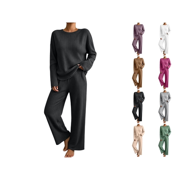 Women's Two-Piece Set Solid Color Crew-Neck Top & Pants Fall Winter Oversize Workout Comfortable Sweatshirt Sets for Women