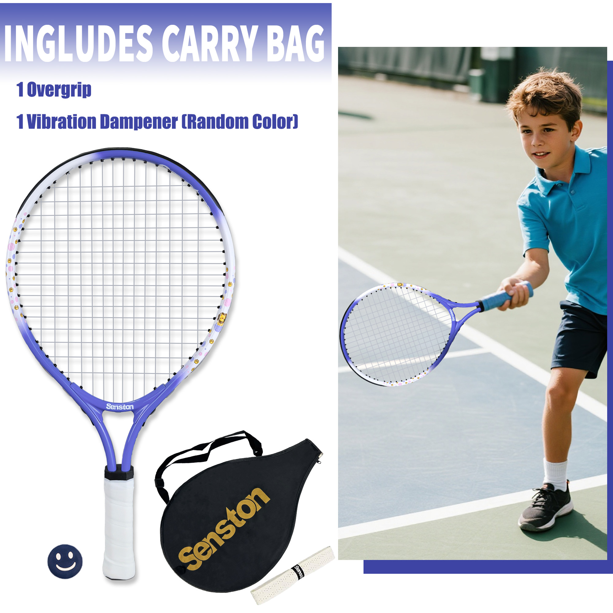 Senston Kids Tennis Racket Set (17 & 23 Inch) - 1 Pack Junior Tennis Racquet, Lightweight Aluminum Frame, Includes Cover