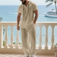thumbnail image 6 of Gamivast Men's 2 Piece Linen Look Set Hooded Short Sleeve Henley Shirt and Loose Pants Breathable Beach Outfit for Summer Vacation Yoga Casual Daily Wear, 6 of 7