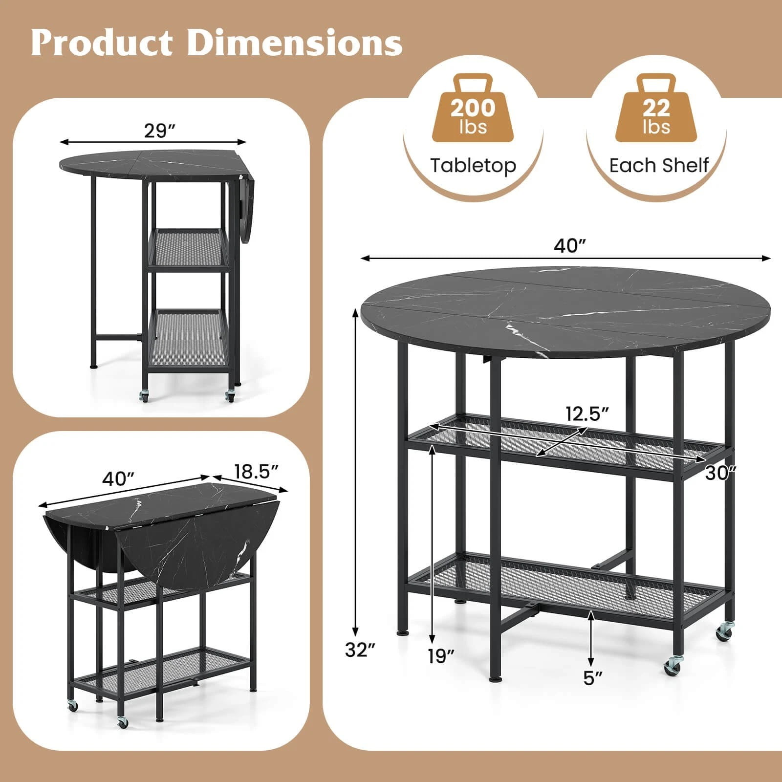 Auranook Round Folding Dining Table, Round Drop Leaf Kitchen Table with 2-Tier Storage Shelf, 2 Lockable Wheels