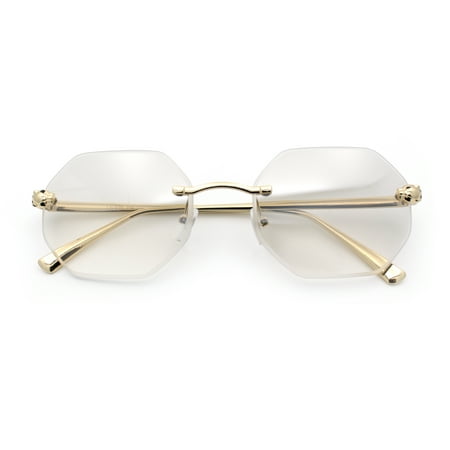 Bevel Octagonal Gangster Rimless Jaguar Head Hinge Showy Sunglasses Gold - Clear