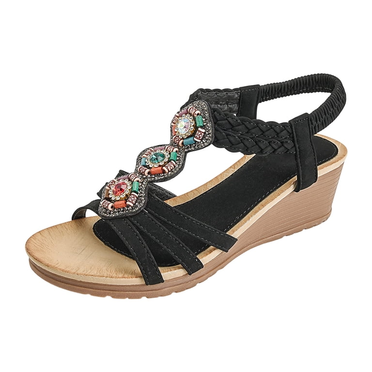 amazon black dress sandals Rokment Womens Ethnic Sparkly Rhinestones Beaded Wedge Heels Slingback Dressy Boho Beach Open Toe Elastic Ankle Strap Platform Summer Ladies sandals