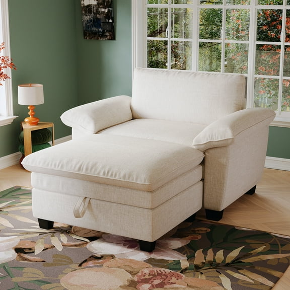 Oversize Beige Chenille Chaise Lounge Chair With - Storage And Comfortable For Bedroom Living Room & 51" Area