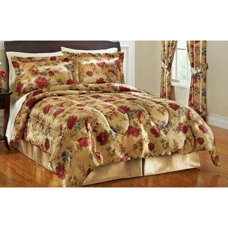 Reversible Satin Floral Arielle Comforter Set With Bedskirt Full