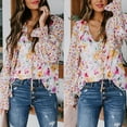 thumbnail image 2 of Fesfesfes Women Tops Basic Floral Printed Blouse Ladies Loose V-Neck Lace Lantern Long Sleeve Chiffon Shirt Top, 2 of 9