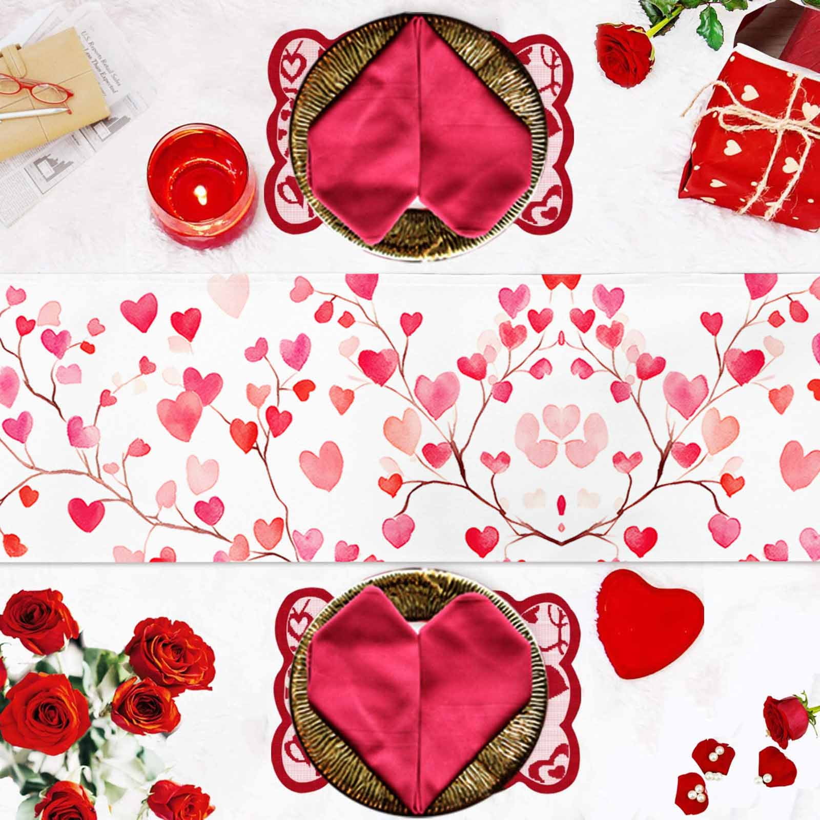 Valentine's Day Table Runner, Romantic Watercolor Red Gradient Love Heart Tree Washable Cotton-linen Table Runners Dining Kitchen Decoration for Everyday Home Wedding Party Decor, 13 x 108 Inch