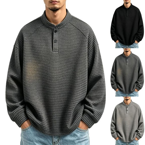 Men's Solid Henley Pullover Sweatshirt, Button Crew Neck Long Sleeve Warm Winter Shirt, Casual Loose Fit Top for Streetwear Work Travel Golf Gym