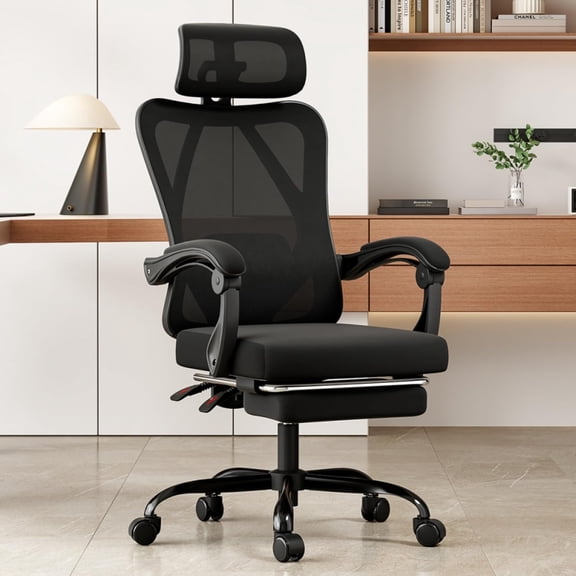 BISHE Ergonomic Office Chair with Footrest & Adjustable Headrest, Reclining Computer Chair with Customizable Lumbar Support, Breathable Mesh Back & Seat, 360° Swivel Wheels, Black