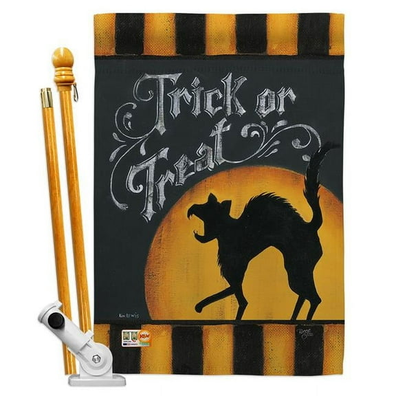Breeze Decor BD-HO-HS-112075-IP-BO-D-US18-SB 28 x 40 in. Black Cat Creeping Fall Halloween Impressions Decorative Vertical Double Sided House Flag Set with Pole Bracket & Hardware