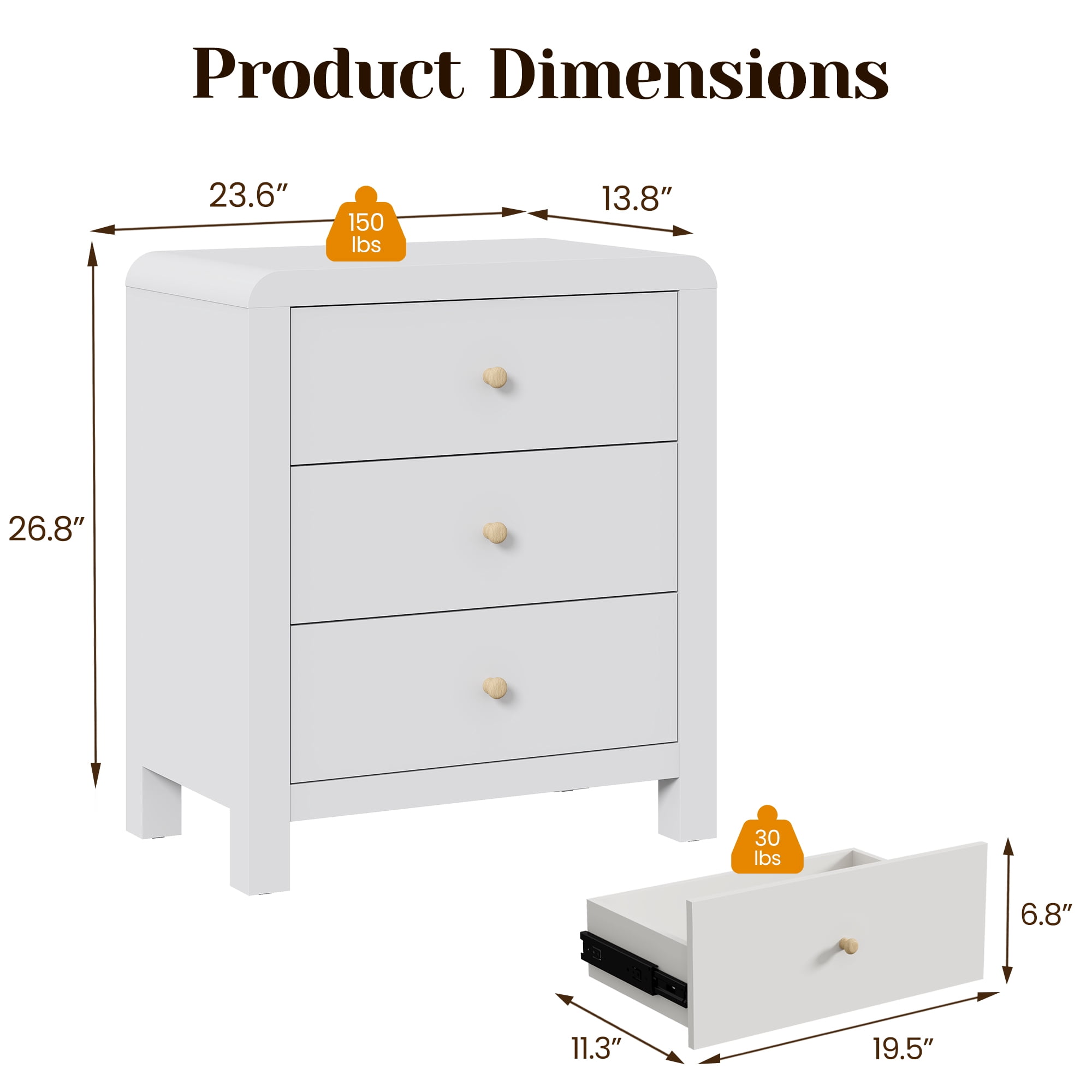 Cozy Home Solid Wood 3-Drawer Storage Dresser, Rounded Corner Modern Bedroom Chest of Drawers & Large Nightstand, White Organizer for Bedroom, Living Room, Entryway