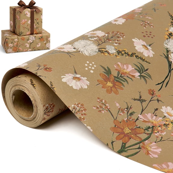 DAKIMOE Floral Kraft Wrapping Paper Roll, 17 Inch x 33 Feet, Mini Roll, Colorful Flower Gift Wrap Paper for Birthday, Wedding, Baby Shower, Engagement, Bridal Shower, Mother’s Day, Holiday Gifts