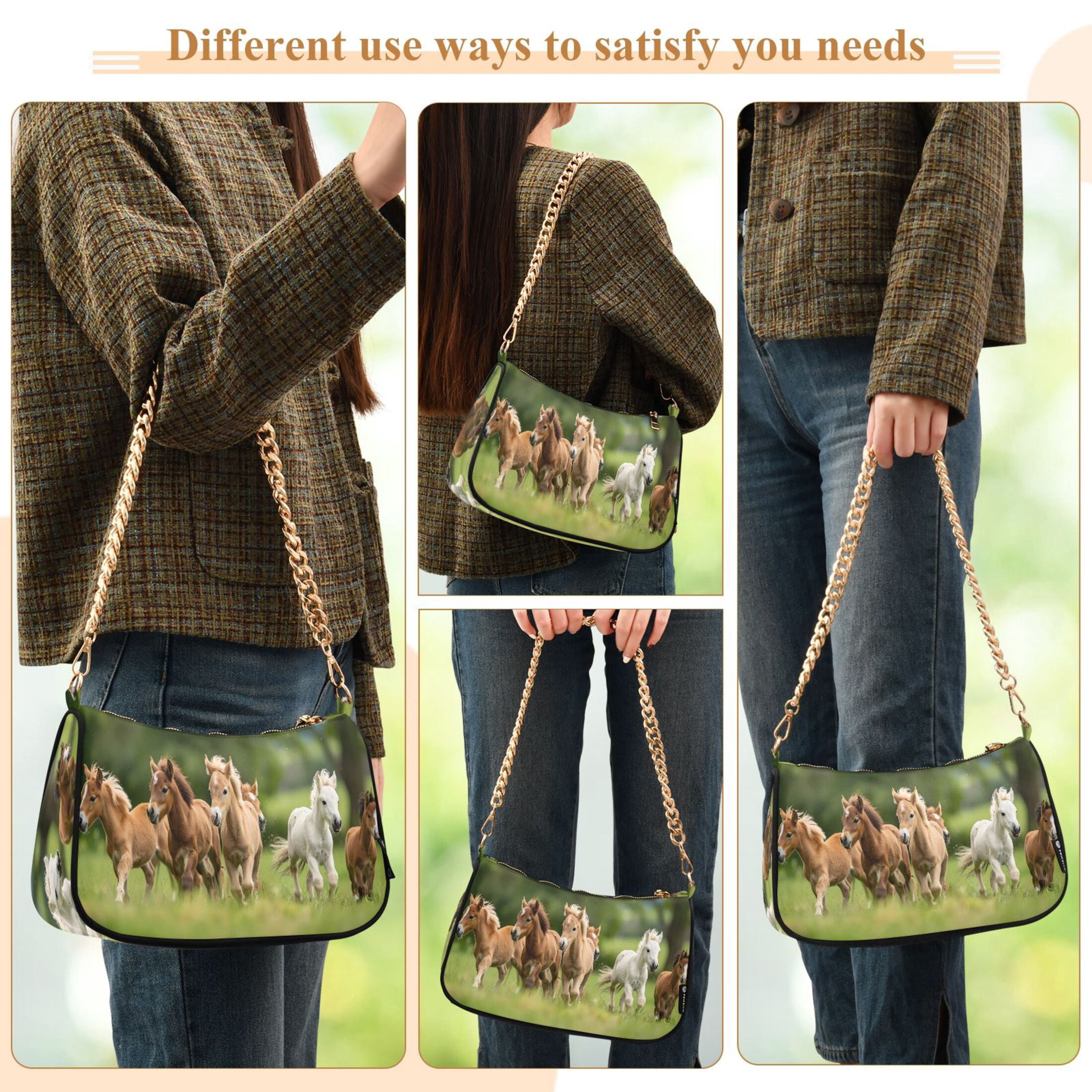 Ryvnso Horses in Meadow Womens Chain Shoulder Bag Tote Handbags Clutch Hobo Purse with Zipper for Travel