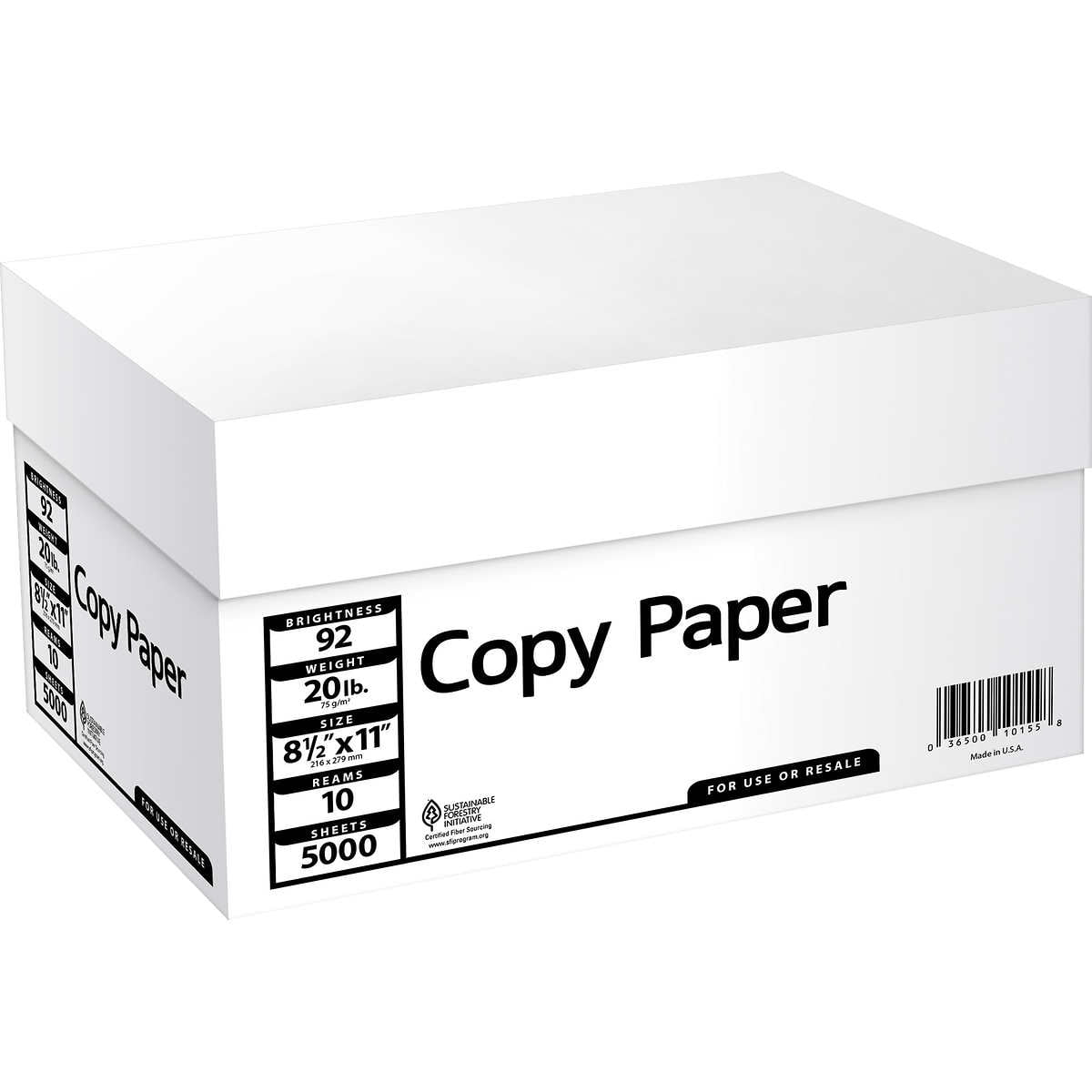 Multipurpose Copy Paper, 92 Bright, 20 lb, White, 8.5"x11", 10 Reams