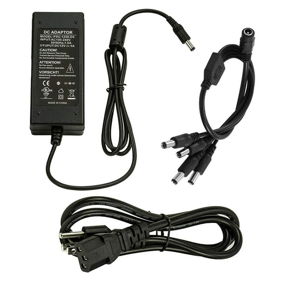InstallerCCTV 12V 5A Power Adapter w/ 4-Way Splitter Pigtail Cable for Security Camera, Dvr, Led Strip Lights