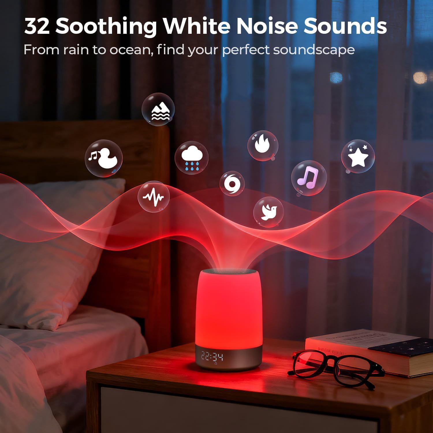 Red Light Therapy Lamp & Sleep Sound  with Alarm Clock, 32 White Noises, App Control, 5-Level Red Light (620-690nm), 2600mAh Battery for Bedroom