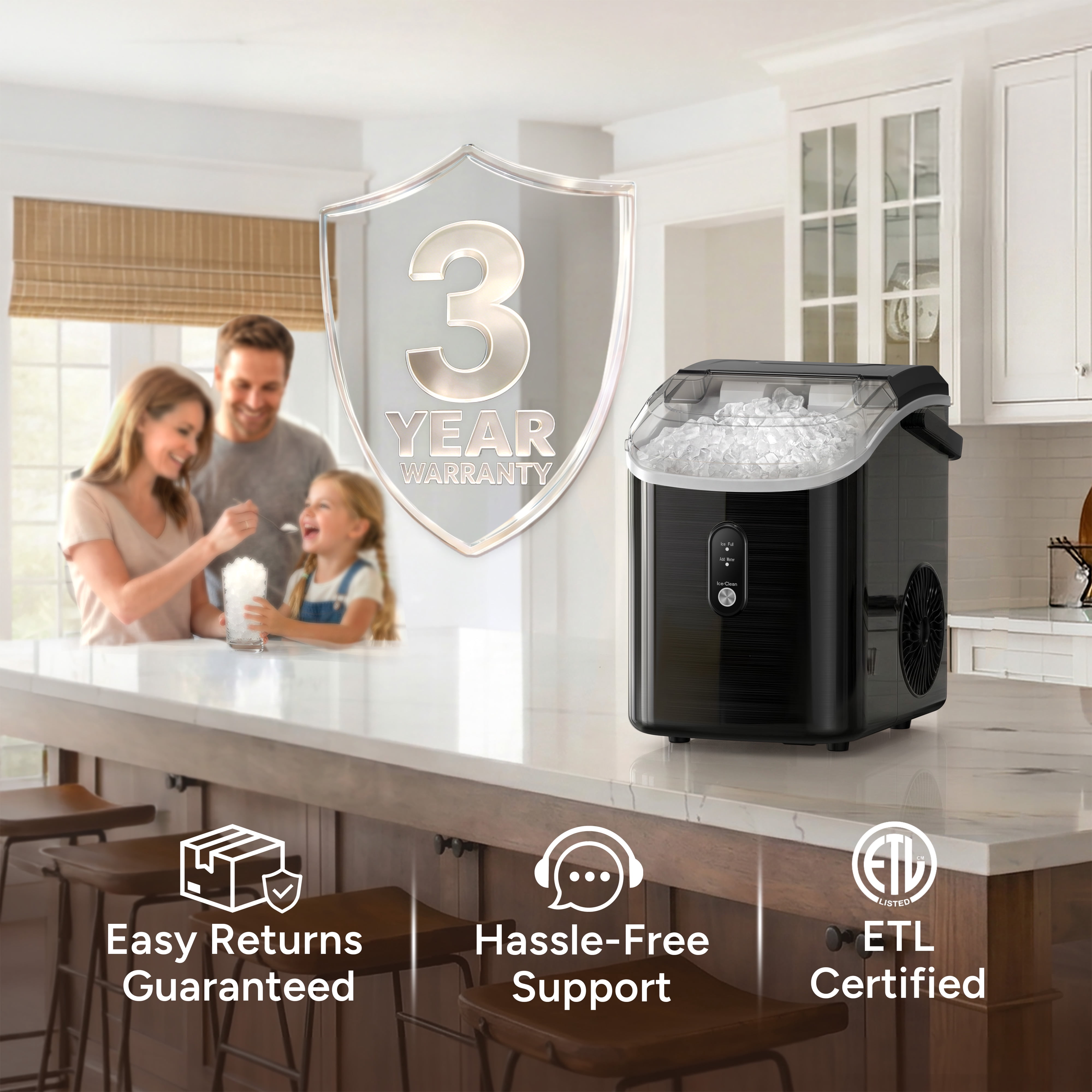 Goosiay 33lb Nugget Ice Maker Countertop, Portable Pebble Ice Machine with Handle, Soft Chewable Pellet, Stainless Steel Black