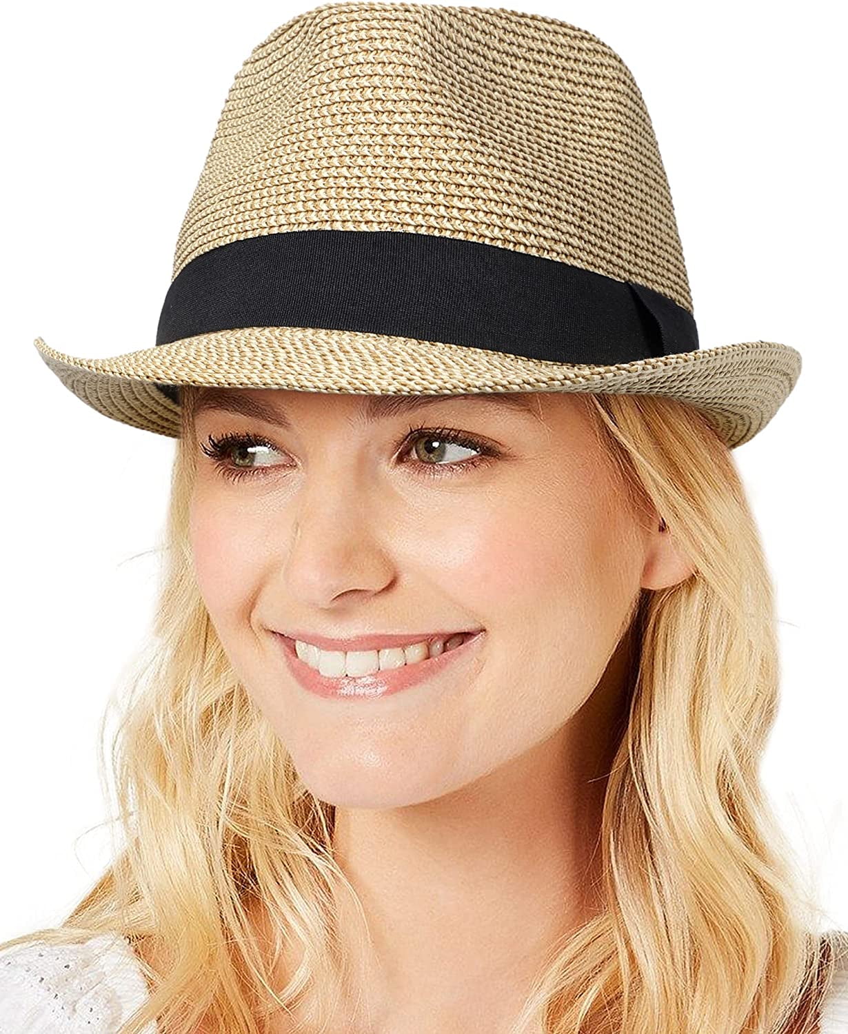 Womens Straw Hat Short Brim Panama Fedora Beach Sun Trilby Hat for