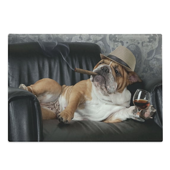 Bulldog Cutting Board, Humorous Photo of a Gentleman Dog Resting in Chair Drink Glass and Cigar, Decorative Tempered Glass Cutting and Serving Board, in 3 Sizes, by Ambesonne