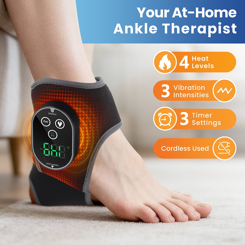 Ankle Heated Wrap Brace, Ankle Heating Pad, Heated Feet Wrap with 4 Heat Levels, 3 Vibration & Timing Modes, 3000mAh Battery, Cordless Ankle Massager with Heat for Ankle Tension, Black 2pcs