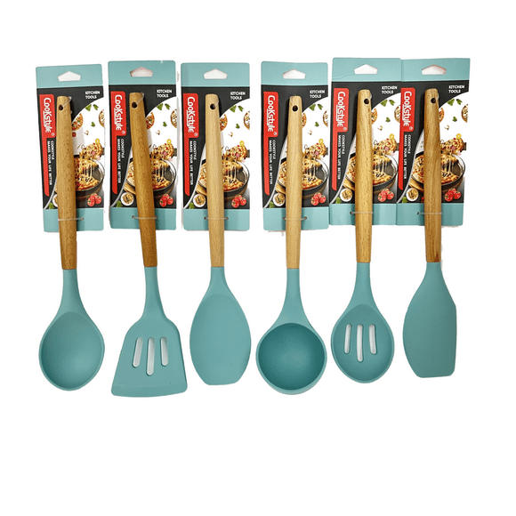 Ustensiles de Cuisine en Silicone SD, Ensemble de 6 Pcs, Batterie de Cuisine Antiadhésive Résistante à la Chaleur avec Manche en Bois, Convient aux Articles Ménagers, Ensemble Spatule et Cuillère (Vert Foncé)