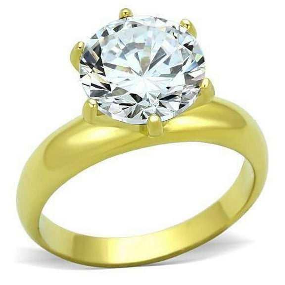 Womens Rings Gold Solitaire Stainless Steel Ring with AAA Grade CZ in Clear