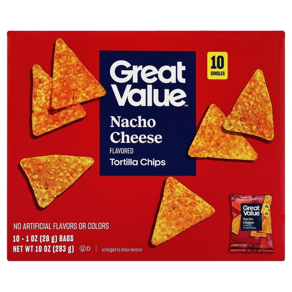 Great Value Nacho Cheese Tortilla Chips, 1 oz, 10 Count Box
