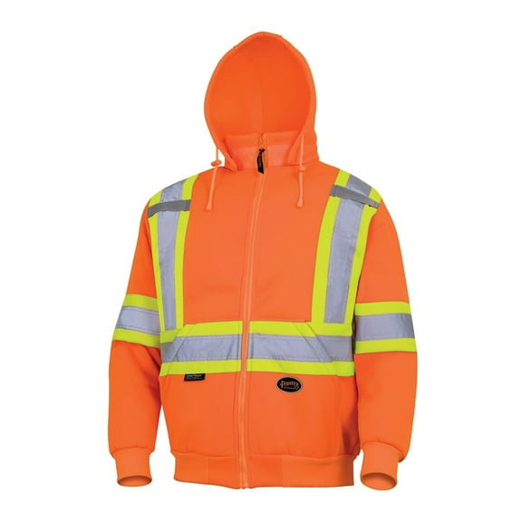 Pioneer Hi Vis Safety Hoodie for Men - Zip Up Jacket with Reflective Tape - for Construction/Traffic - Class 2 - Orange