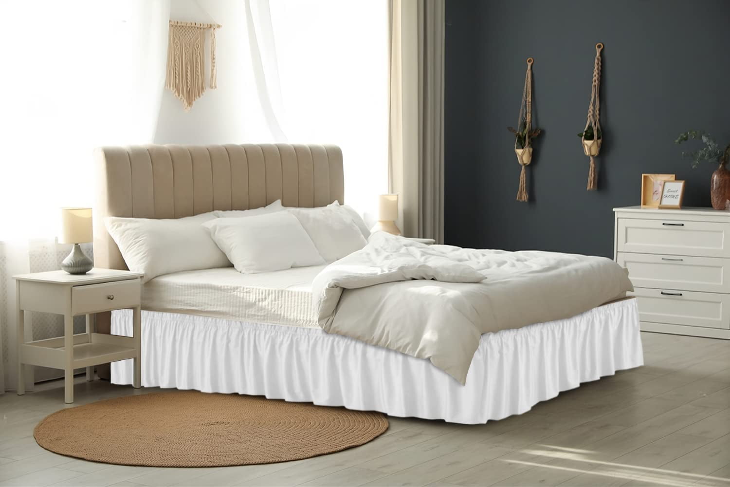CGK Linens Wrap Around Dust Ruffle Bed Skirt - For Queen Size Bed With 15 Inch Drop, Easy Fit Elastic Strap - Pleated Bedskirt, White
