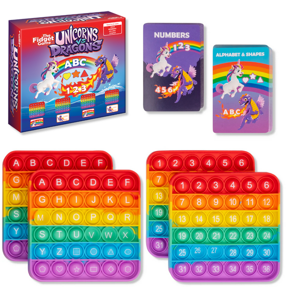 The Fidget Game Unicorns vs Dragons – Educational ABC Learning Toy Set for Kids Ages 3 , 1 Set, Alphabet, Numbers, Shapes & Colors for Pre-K & Kindergarten