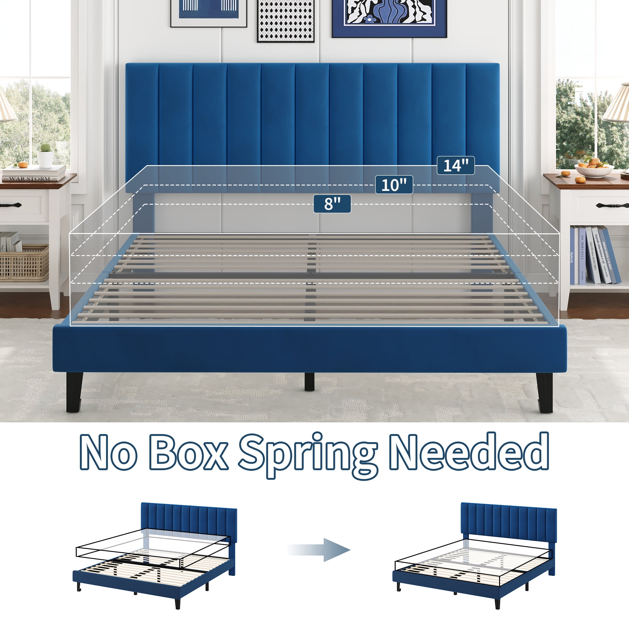 GOGRANT Velvet Upholstered Platform Bed Frame with Adjustable Headboard, Queen