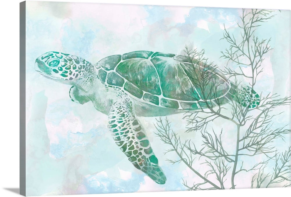 Watercolor Sea Turtle II Canvas Wall Art, Coastal Home Decor 24x16