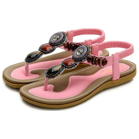 

〖Yilirongyumm〗 Pink 36 Sandals Women Sandals Shoes Heel Beach Flat Beads Ladies Summer Casual Flip Flat Flops Stone Women s Sandals