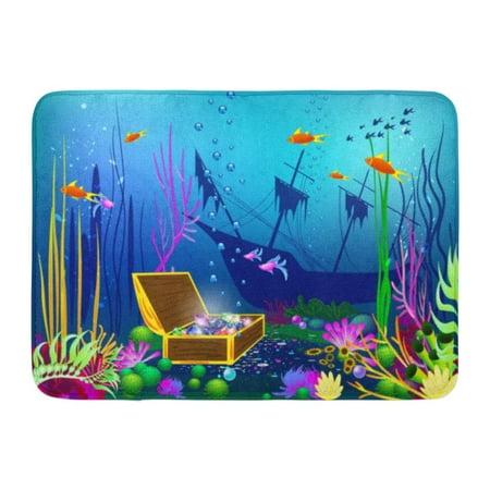 GODPOK Beautiful Aqua Undersea with Sunk Ship and Chest with Gems Aquatic Boat Rug Doormat Bath Mat 23.6x15.7 inch