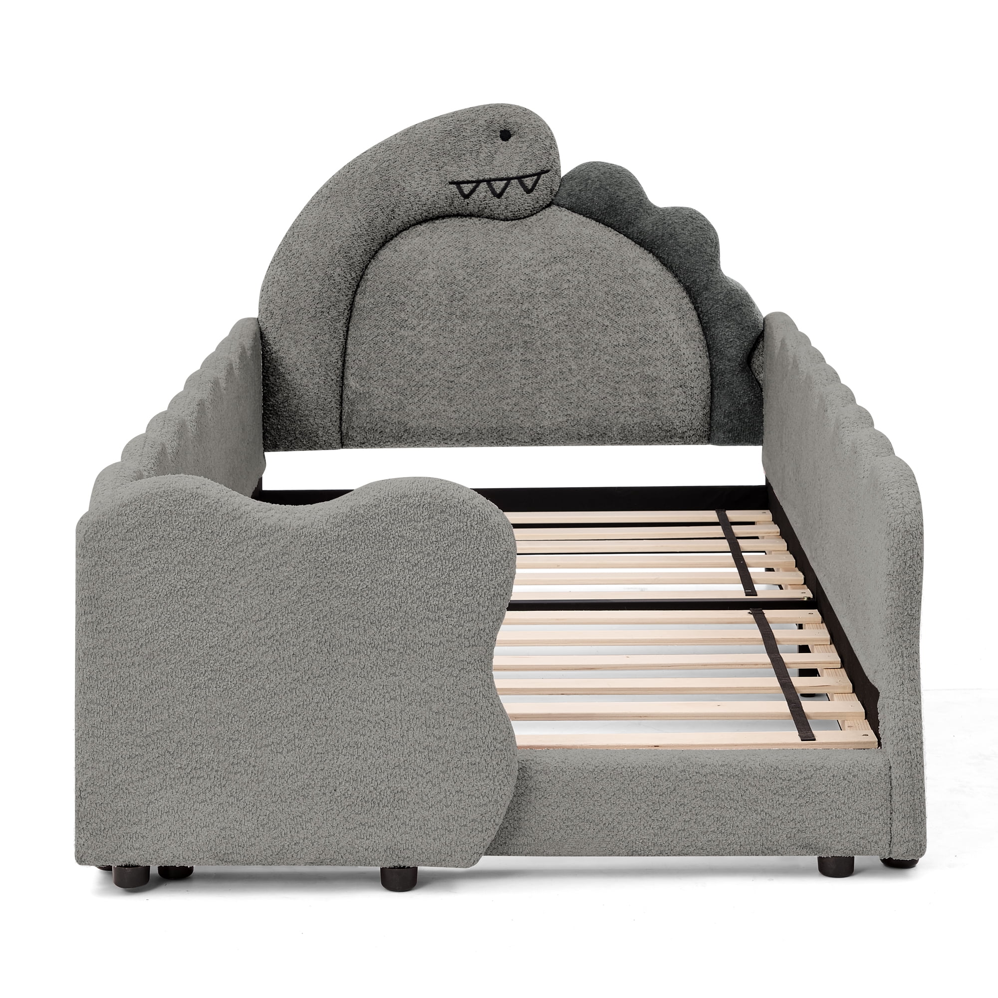 AISWORD Twin Size Kids Bed with Dinosaur Headboard, Upholstered Daybed with Slats Support & Side Pocket, Space-Saving Wooden Corner Sofa Bed, Grey