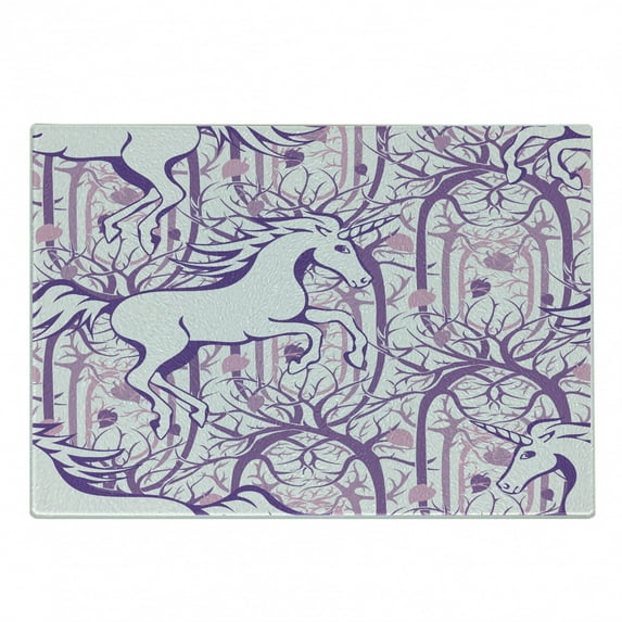 Unicorn Cutting Board, Unicorn Galloping on Curved Swirled Tree Branches in Abstract Forest Pattern Art Print, Decorative Tempered Glass Cutting and Serving Board, Small Size, Purple, by Ambesonne