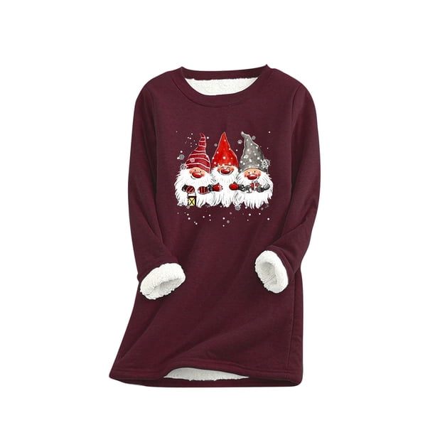 Sudadera de lana gruesa a la moda con estampado navideño para mujer, ropa interior cálida de terciopelo con cuello redondo Pompotops gfhjh11072