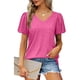 thumbnail image 2 of Tops con cuello en V Color puro Suave para la piel Tops con mangas abullonadas Camisetas de manga corta para ir de compras a diario, 2 of 6
