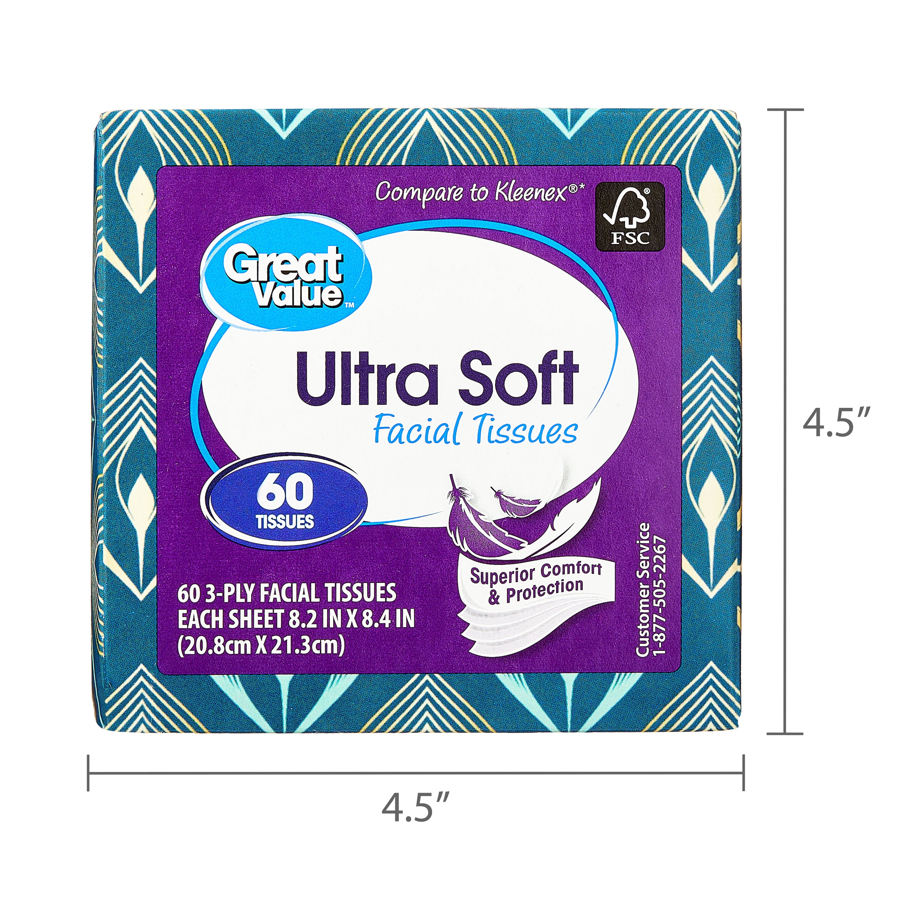 (18 pack) Great Value Ultra Soft Facial Tissues, 1 Cube, 60 Tissues per Cube, 3-Ply, Compare to Kleenex®