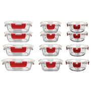 NutriChef 24-Piece Glass Food Storage Set with Locking Hinge Red Lids - Superior Quality