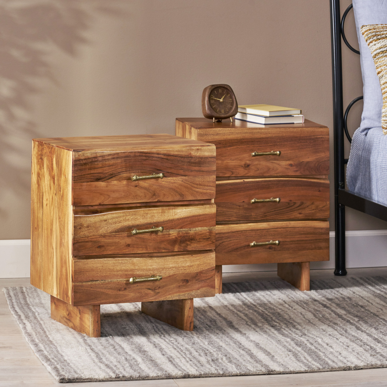 Tift Terrell Handcrafted Boho Acacia Wood 3 Drawer Nightstand (Set of 2), Dark Natural - image 2 of 7