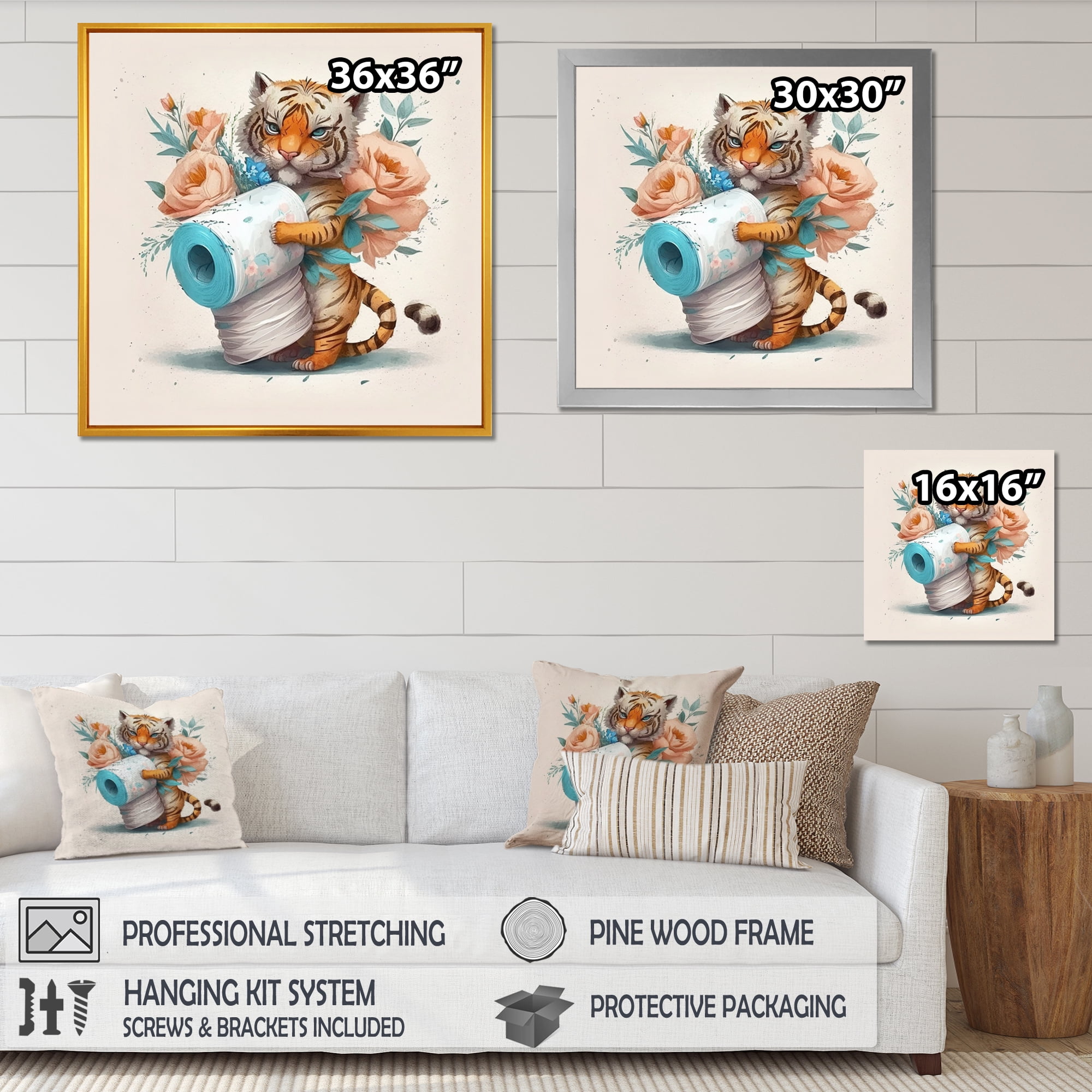 Designart Tiger With Roll Of Toilet Paper And Flowers II Canvas Wall Art