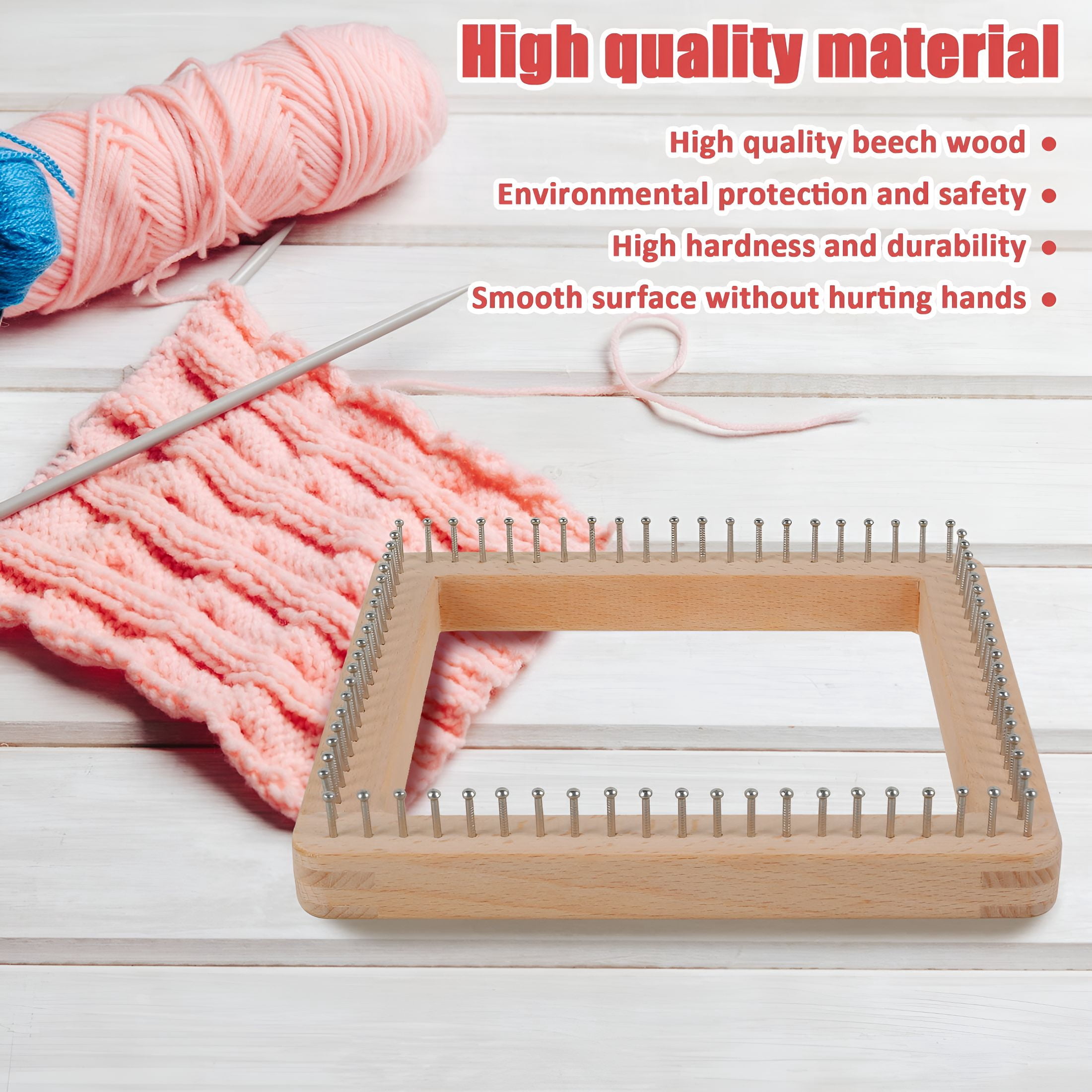 BESTSKY 2026 New Square Knitting Loom Beech Wood Knitting Board Diy Handcraft Weaving Loom with Non Detachable Hooks Multifunctional Knitting Loom Tools for Making Cushions Scarves Hats Shawls