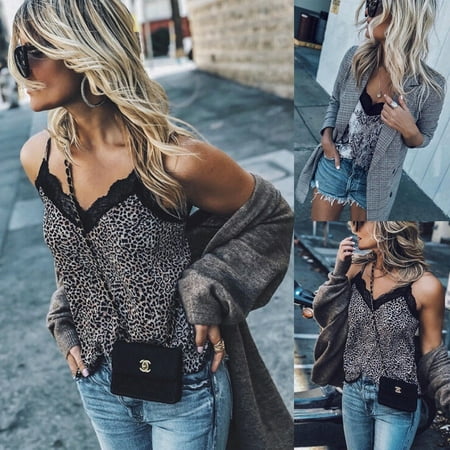 Stretch V-neck Camisole - Hot Sexy V-neck leopard print camisole shirt lace cut top