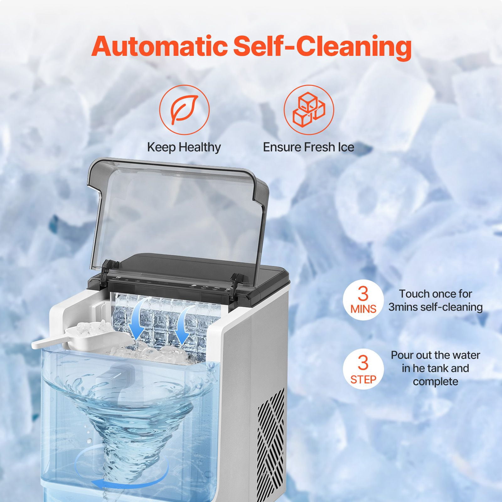 Compact Ice Maker Machine,46lbs Daily Output with 3 Cube Sizes,Fast 15-Min Ice for Kitchen,Office,Party,Portable Self-Cleaning Countertop Ice Maker