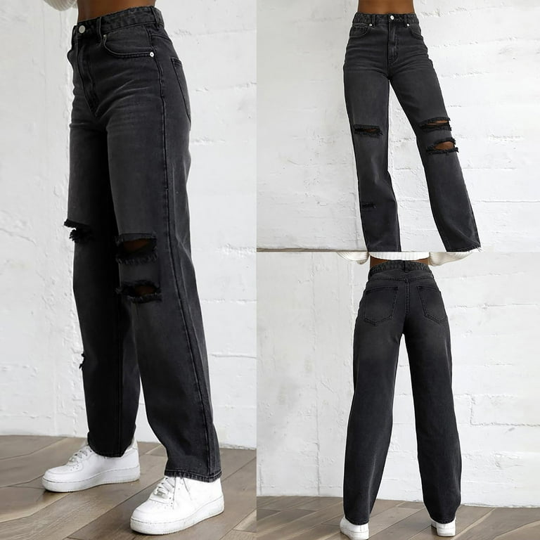 SZXZYGS Jeans for Women Women Solid Color Hole Low Waist Jeans