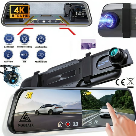 9.66" 4K Dash Cam Front&Rear, Touch Screen, Night Vision, Loop Recording, 32GB Card Included. Perfect Gift For 2026!