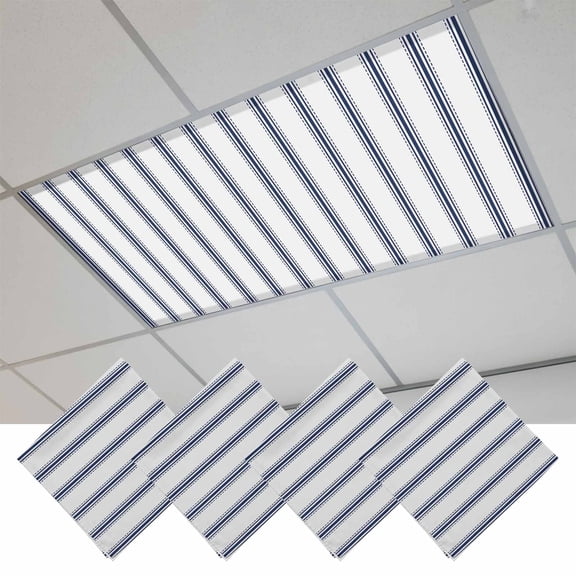 Navy Blue Striped Fluorescent Light Covers, Navy Blue White Stripes Farmhouse Magnetic Light Covers for Ceiling Lights, Fluorescent Ceiling Shade Filters for Classroom Bedroom Office 4x2Ft x 4PCS